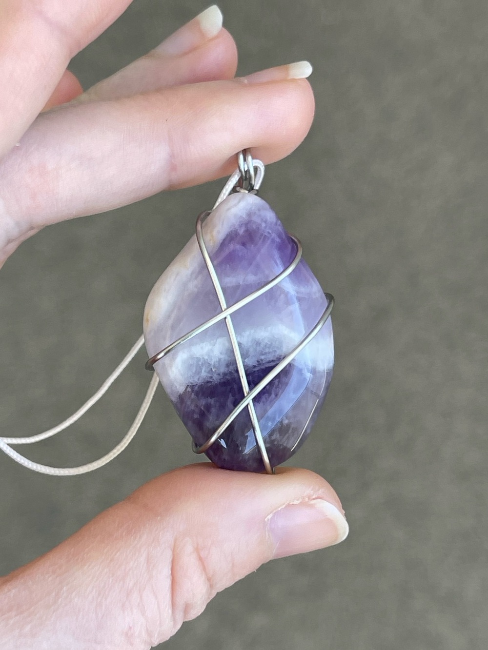 Amethyst Stainless Steel Silver Wire Wrap Necklace on White Nylon Cord